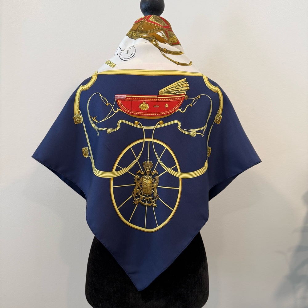 Authentic Hermes Elegant Blue and Gold Silk Scarf - Picture 2 of 10